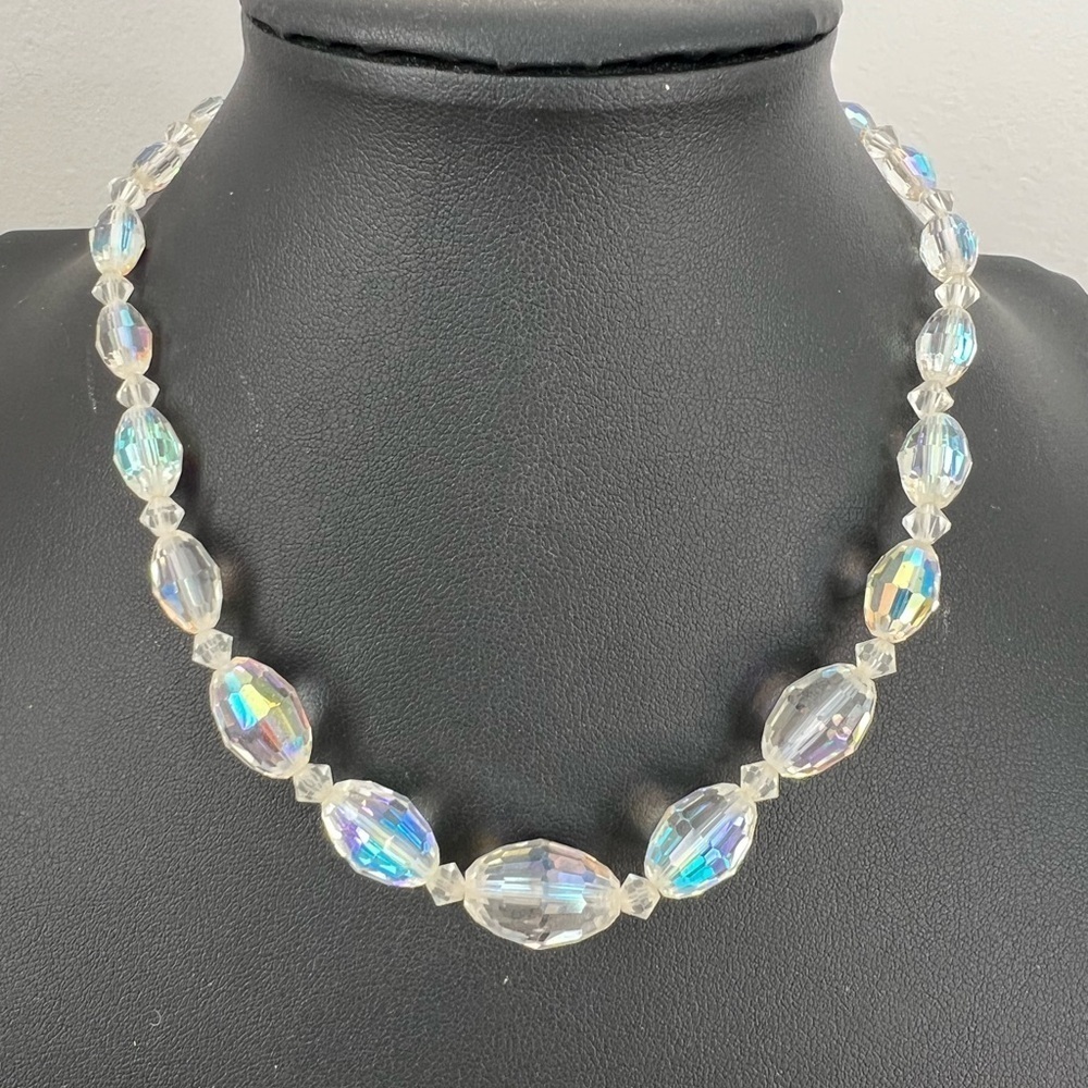 Vintage Aurora Borealis Faceted Melon Bead Necklace 14” B31